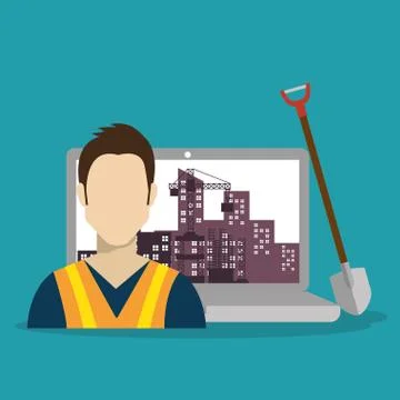 Worker under construction with laptop Stock Illustration