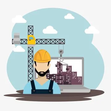 Worker under construction with laptop Stock Illustration