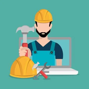 Worker under construction with laptop Stock Illustration