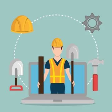 Worker under construction with laptop Stock Illustration