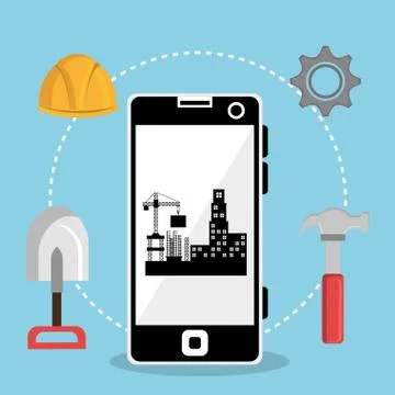 Worker under construction with smartphone Stock Illustration