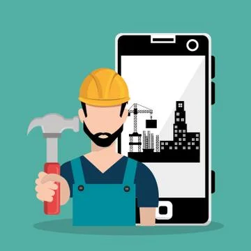 Worker under construction with smartphone Stock Illustration