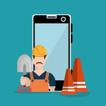 Worker under construction with smartphone Stock Illustration