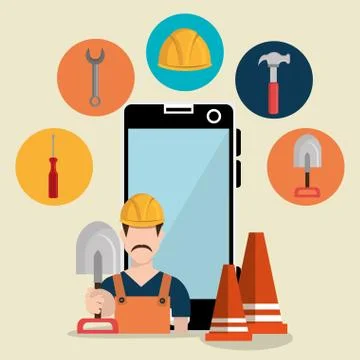 Worker under construction with smartphone Stock Illustration
