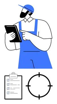 Worker in uniform holding a tablet, checking data. Checklist and target icons 库存插图