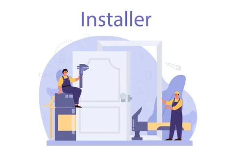 Worker in uniform install door. Professional service, repairman Ilustração Stock