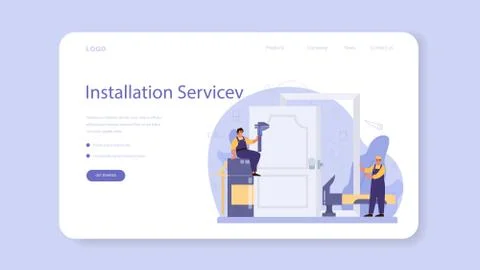 Worker in uniform install door web banner or landing page. Ilustração Stock
