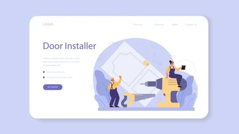 Worker in uniform install door web banner or landing page. Ilustração Stock