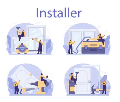 Worker in uniform install window and door set. Professional service, Ilustração Stock