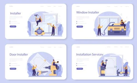 Worker in uniform install window and door web banner or landing Ilustração Stock