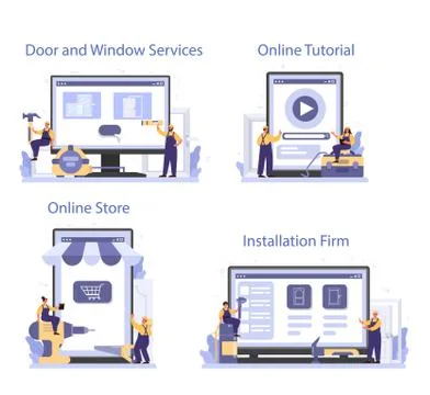 Worker in uniform install window and door online service Ilustração Stock