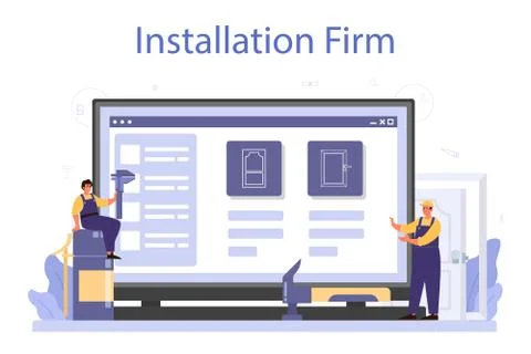 Worker in uniform install window and door online service Ilustração Stock