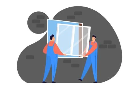 Worker in uniform install window. Professional service Stock Illustration