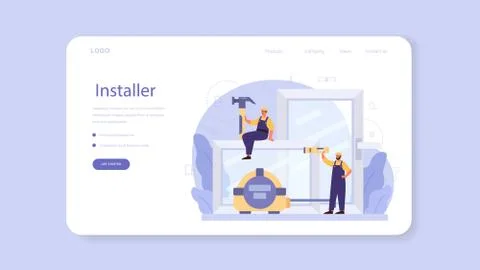 Worker in uniform install window web banner or landing page. Ilustração Stock