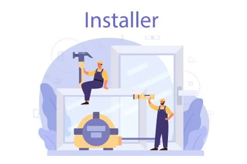 Worker in uniform install windows. Professional service, repairman Ilustração Stock