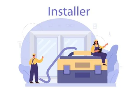 Worker in uniform install windows. Professional service, repairman Ilustração Stock