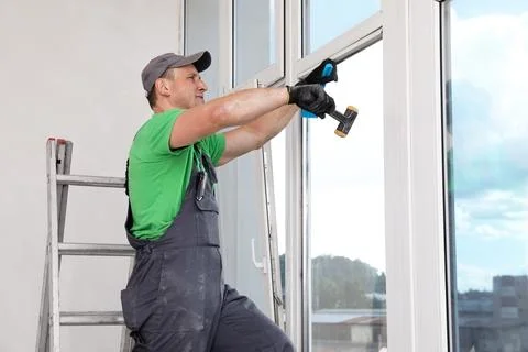 Worker in uniform installing double glazing window indoors Stock Photos