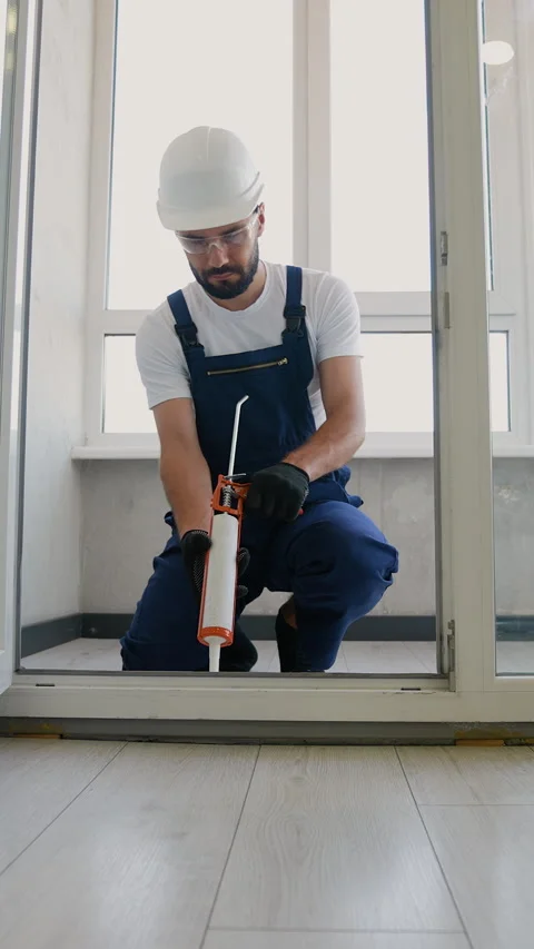 Worker in Uniform Sealing Window with Caulking Gun for Insulation Stock Footage 289782681