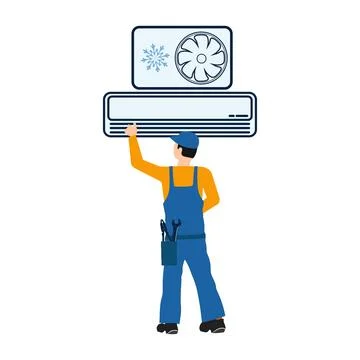 A worker in uniform services an air conditioner Illustrazione stock