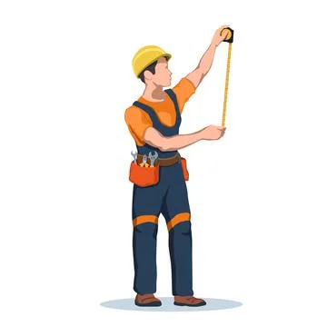 Worker use building roulette. Builder with metric tool. Man in uniform Illustrazione stock