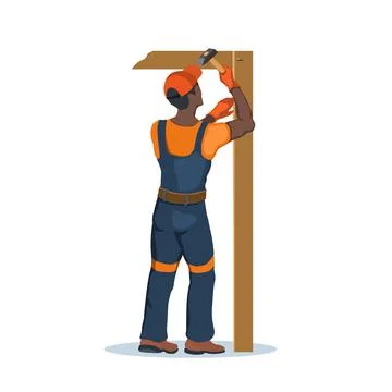 Worker use a hummer. Builder with a hand tool. Man in uniform hammering a nai Illustrazione stock
