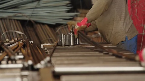 Worker use roller bender industrial bender equipment machine for metal rebar ben Stock Footage 120821979