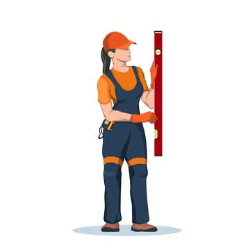 Worker use spirit level. Builder with hand tool. Girl with building level Ilustración de archivo