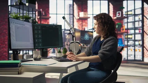 Worker uses AI chatbot system to guide through problem solving tasks Stock Footage 308673595