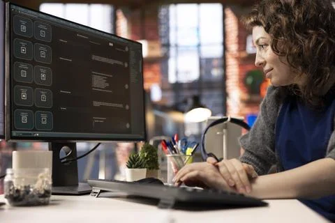 Worker uses AI chatbot system on a computer to guide her through tasks Foto stock