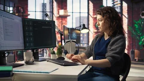 Worker uses AI chatbot system to guide through problem solving tasks Stockfoto's