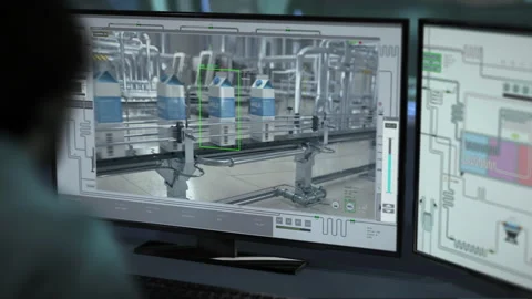 Worker Uses Computer To Manage Automated Manufacturing Lines At Factory Video stock 263905900