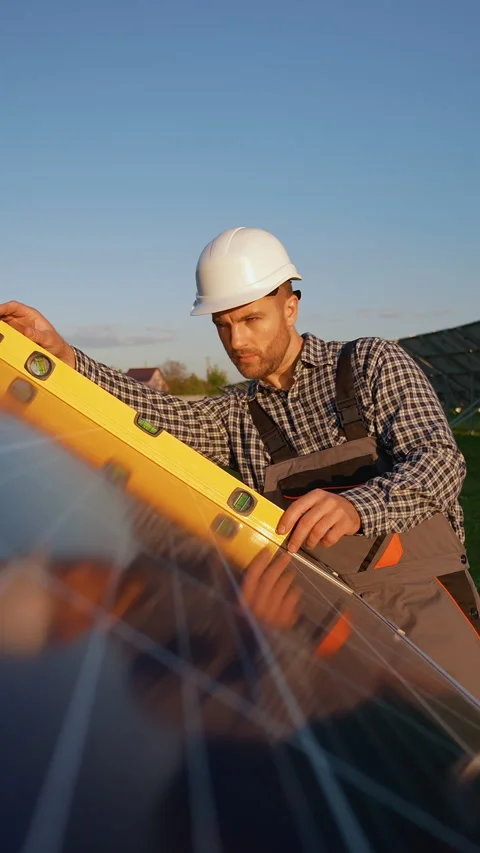 Worker Uses Level Tool to Verify Solar Panel Installation Stock Footage 296852057