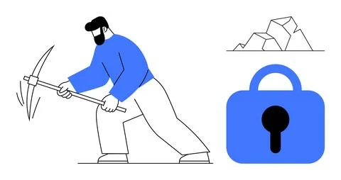 A worker uses a pickaxe, accompanied by rocks and a lock icon. Ideal for illu イラスト素材