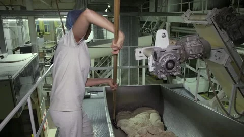 The worker uses a shovel to move the dough for bread production. Video stock 200401063