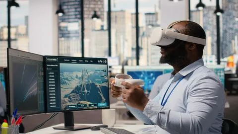 Worker uses VR headset to optimize electrical grid and wind farm layout Stock Photos