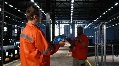 Worker using AI system powered by machine learning to monitor machinery Stock Photos