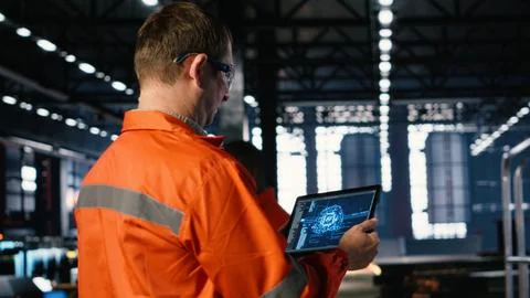 Worker using AI system powered by machine learning to monitor machinery Foto stock