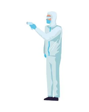 Worker using biosafety suit with thermometer Illustrazione stock