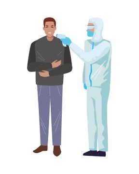 Worker using biosafety suit with thermometer and person Illustrazione stock