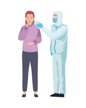 Worker using biosafety suit with thermometer and woman 스톡 일러스트