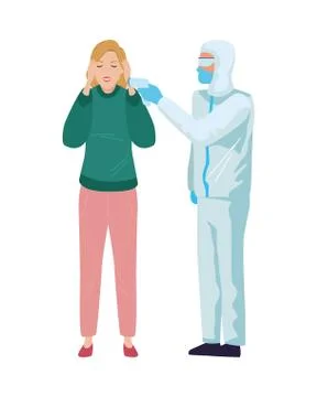 Worker using biosafety suit with thermometer and woman イラスト素材