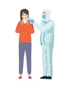 Worker using biosafety suit with thermometer and woman Illustrazione stock