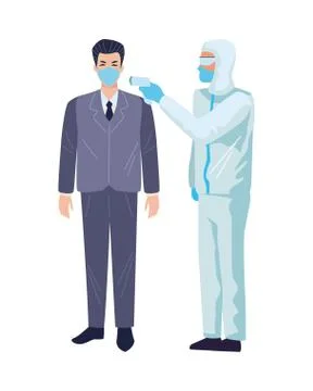 Worker using biosafety suit with thermometer and person Illustrazione stock