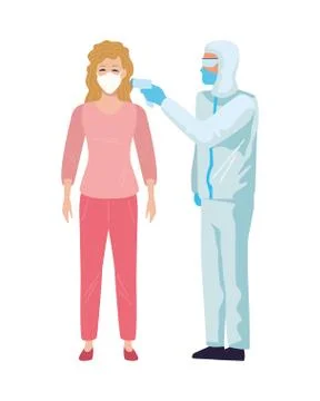 Worker using biosafety suit with thermometer and woman Illustrazione stock