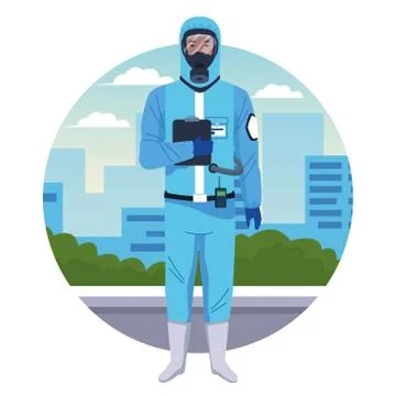 Worker using blue protection virus suit character Illustrazione stock