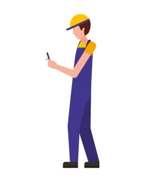 Worker using cellphone wearing sport cap and uniform Illustrazione stock