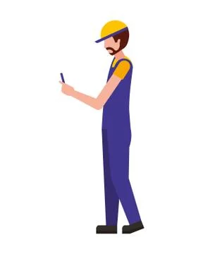 Worker using cellphone wearing sport cap and uniform Illustrazione stock