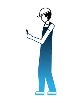 Worker using cellphone wearing sport cap and uniform 스톡 일러스트