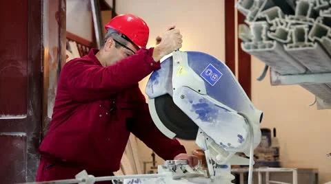 Worker Using Circular Saw - Window Manufacturing Stock Footage 20606951