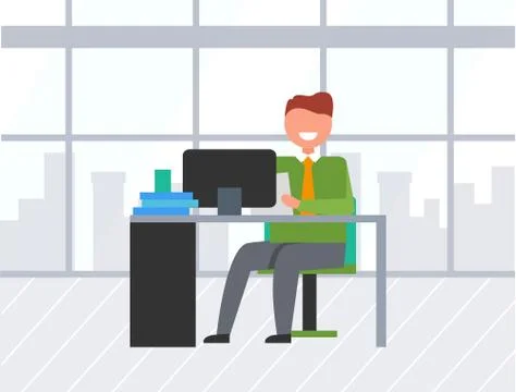 Worker Using Computer, Business Workplace Vector 스톡 일러스트